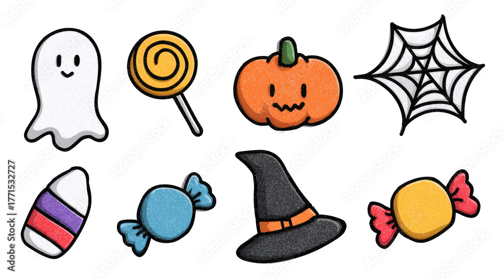 Fototapeta premium Set of Halloween themed cartoon candies and spooky objects on white background