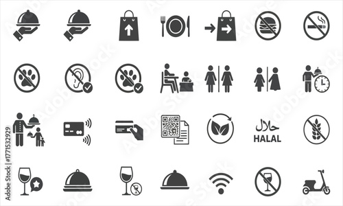 Modern Vector Icon Collection for Restaurant and Hospitality Services, Featuring Dining, Travel, and Customer Experience Guidelines and Prohibitions