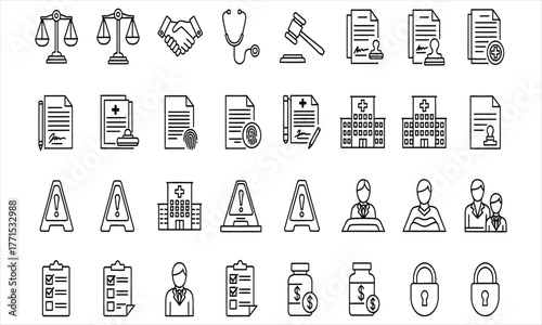 Extensive Vector Line Icons Collection for Legal, Medical, Financial, and Security Services – Modern Business & Justice Symbol Set