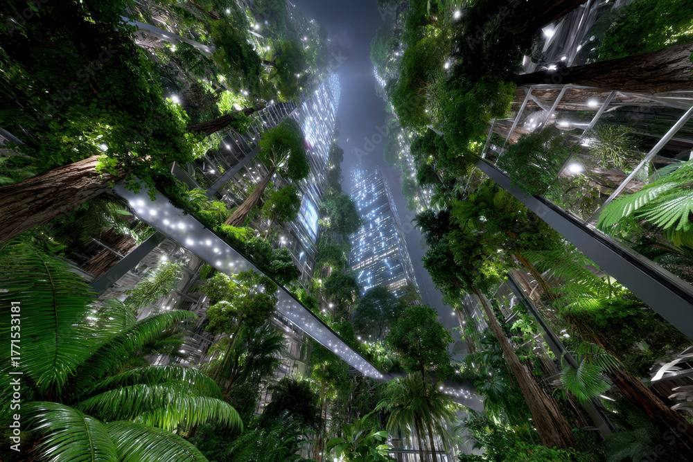 Obraz premium Lush urban jungle with towering trees and modern architecture at night