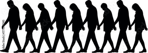 Silhouettes of People Walking Holding Hands Together in Unity and Teamwork