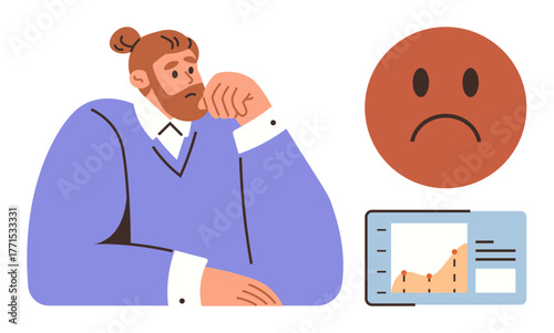 Thoughtful man rests on arm facing a sad face icon and a negative trend graph. Ideal for business impact, financial issues, market decline, analysis, decision-making, reflection, simple flat metaphor