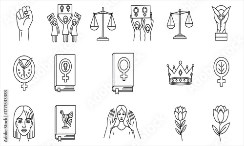 Empowering Women A Comprehensive Line Art Icon Collection Representing Feminism, Gender Equality, Advocacy, and Social Justice for Modern Design Projects
