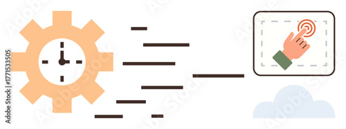 Gear with clock symbolizing time management, motion lines showing speed, hand interacting with interface. Ideal for productivity, automation, time tracking, digital transformation, workflow