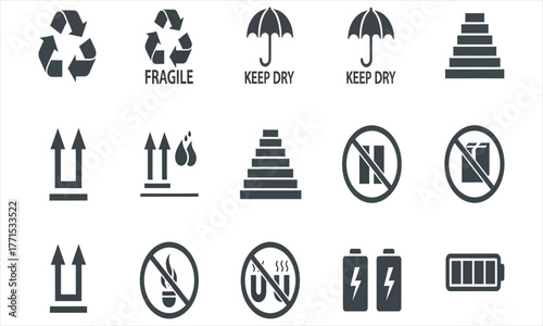 Comprehensive collection of universally recognized shipping and handling instruction symbols for safe logistics, packaging, and transportation of goods, ideal for labeling and warnings