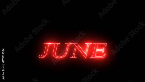 Red Neon glowing June month text effect on black background