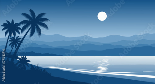 Tranquil vector illustration of a tropical beach at night, featuring silhouetted palm trees, a calm ocean, and a glowing full moon reflecting on the water, evoking peaceful island serenity