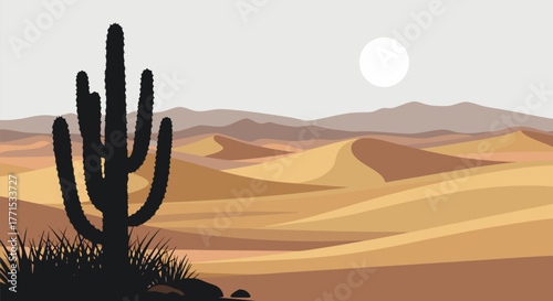 Desert Landscape Scene Silhouette of Cactus, Rolling Sand Dunes, and Bright Sun in Calm Nature