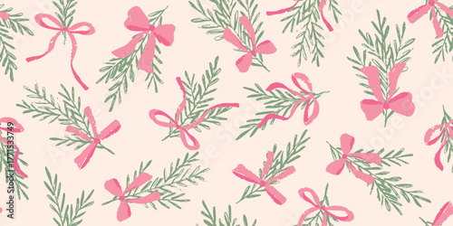 hand drawn seamless christmas pattern with pine branches and pink bows, cozy coquette background for wrapping paper, greeting cards and holiday textile design