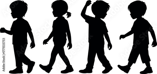 Silhouettes of young children walking vector illustration on white background