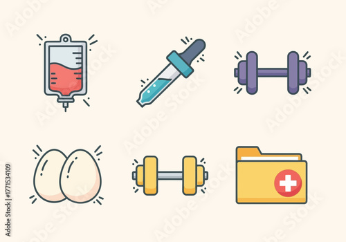 Collection of health and wellness icons featuring medical equipment, fitness gear, and healthy food items for a balanced lifestyle