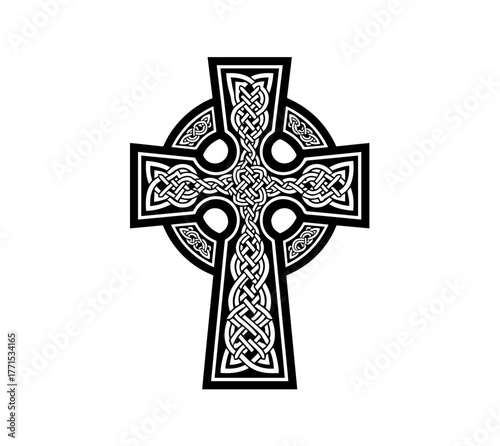 A bold, monochrome graphic of a Celtic cross features its classic ring and arms intricately filled with a seamless, complex pattern of interwoven Celtic knots