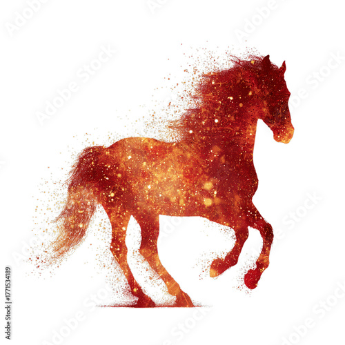 Fiery red horse silhouette with golden spark particles. Isolated white background. Png format