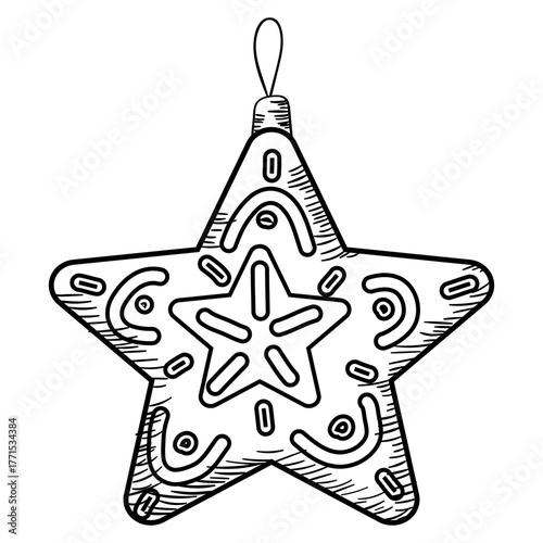 Christmas star toy decor icon hand drawn, doodle sketch black line art