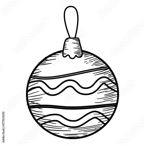 Christmas ball toy decor icon hand drawn, doodle sketch black line art
