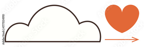 Cloud outlined in black and orange heart with forward-facing arrow. Ideal for sustainability, love, wellness, progress, nature, positivity, connection. Simple flat metaphor