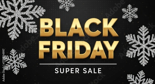 Wallpaper Mural Black friday super sale with golden text and silver snowflakes on Torontodigital.ca