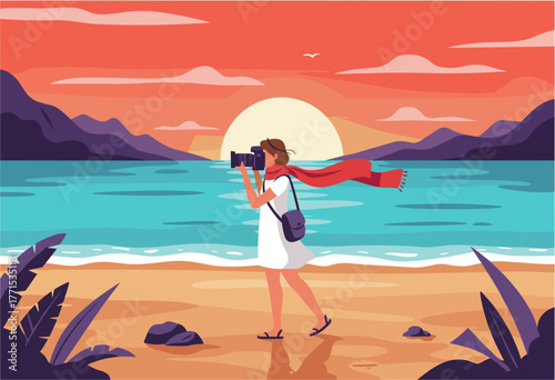 Capturing the sunset photographer at the beach tropical paradise digital serene atmosphere side view travel inspiration