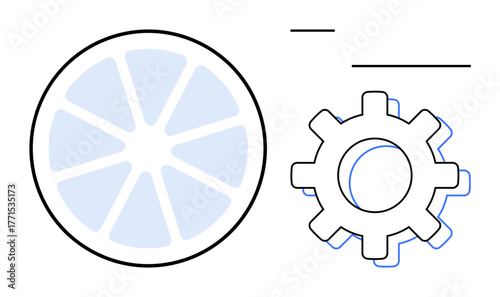 Juicy citrus slice alongside cogwheel, blending organic and mechanical concepts. Ideal for innovation, balance, technology, creativity, sustainability, process teamwork. A simple flat metaphor