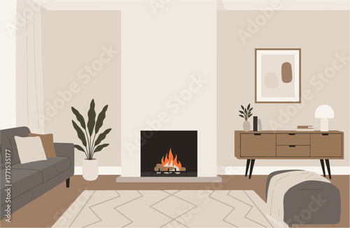 Cozy living room with fireplace modern interior design contemporary furniture warm ambiance indoor view home comforts