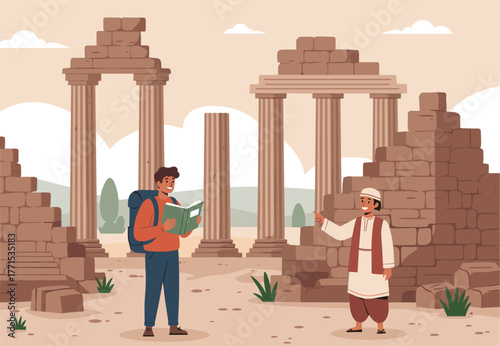 Exploring ancient ruins historical site desert landscape eye-level view cultural discovery