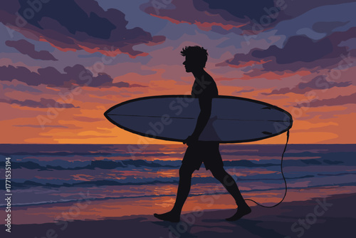 Surfer walking along beach at sunset ocean waves digital serene atmosphere side view adventure lifestyle