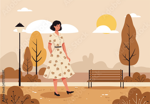 Woman strolling in a park autumn evening digital serene environment warm colors