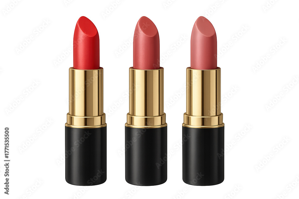 Obraz premium Three gold-capped lipsticks with black bases in red, rose, and nude shades