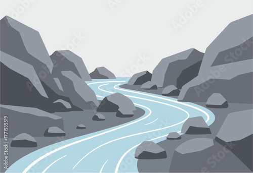 Meandering river flowing through rocky landscape nature scene graphic serene environment aerial viewpoint