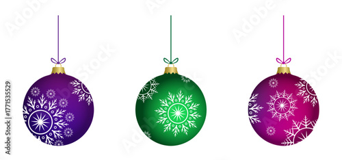 Abstract colorful 3d vintage christmas baubles set with snowflake decoration. Glass balls collection with ice flake to use for christmas card, xmas, winter holiday, new year projects. 
