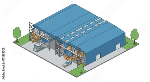 Isometric warehouse building with trucks and shelves for logistics and distribution