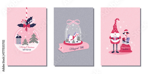 Set of winter greeting cards. Fashionable minimalist design with a New Year ball, a gnome, and a bag of gifts. Vector template for a poster, banner, or holiday cover with a grainy texture.