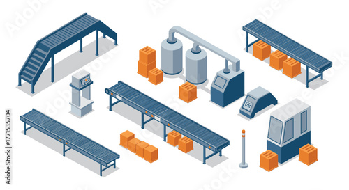 Isometric factory assembly line with conveyor belts and machinery for industrial production