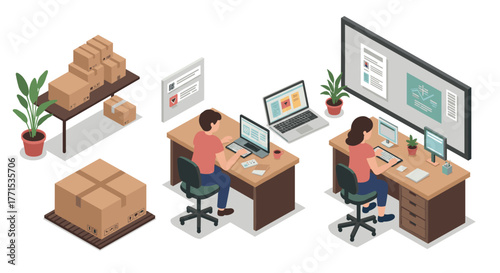 Isometric office workspace design with employees and packages