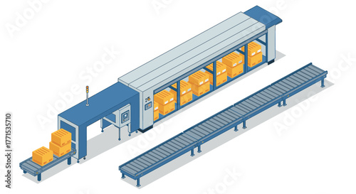 Isometric factory conveyor system with boxed goods in production line