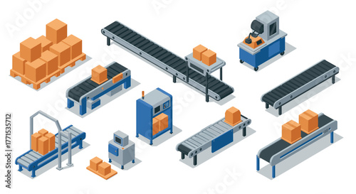 Isometric conveyor belt icons with packages and conveyor elements in a warehouse setting