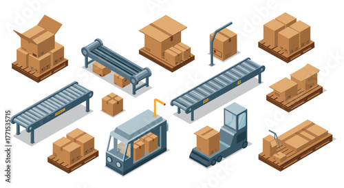 Isometric warehouse equipment set with conveyor belts and forklift for logistics and shipping