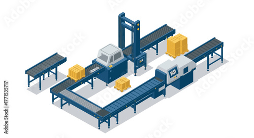 Automated conveyor belt system with boxes in a modern isometric factory setting
