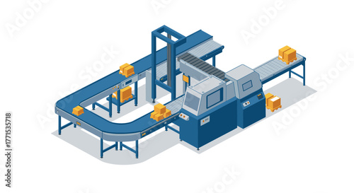 Isometric factory conveyor system with boxes and machinery on white background