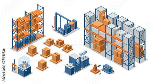 Isometric warehouse with industrial equipment and storage solutions