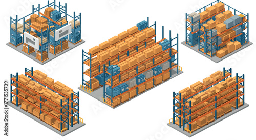 Isometric warehouse shelving units with boxes and supplies on racks