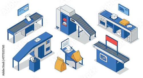 Isometric mail sorting system conveyor belts and postal equipment in blue