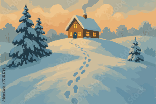 Winter wonderland scene featuring cozy cabin snowy landscape digital serene atmosphere dawn viewpoint