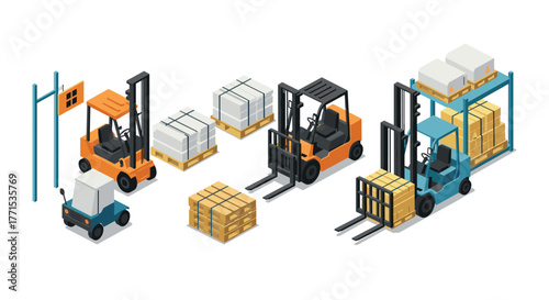 Isometric forklift and cargo scene with pallets and custom containers