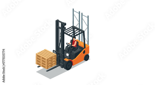 Isometric forklift with operator moving pallet in industrial setting
