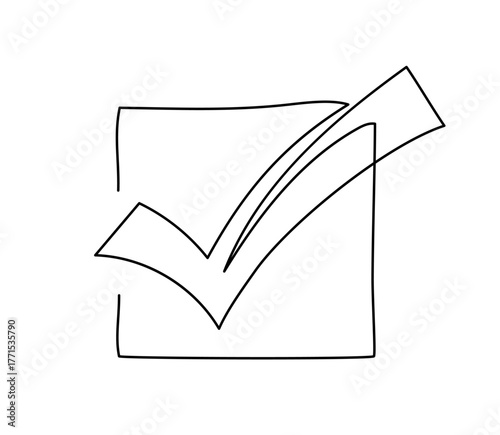 Checkmark in square linework. Hand drawn vector continuous one line illustration isolated on white background.