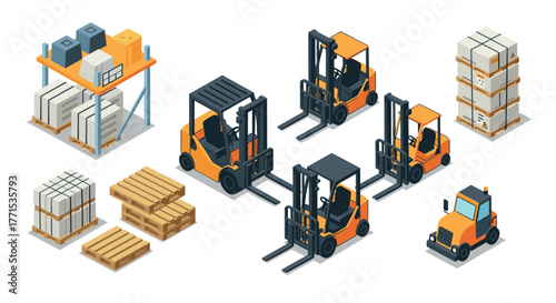Isometric warehouse tools forklifts, pallets, racks, and boxes for efficient storage solutions