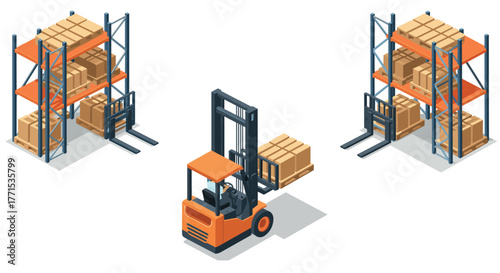 Isometric warehouse scene with forklift and stacked shelves of boxes