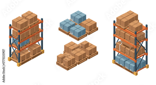 Isometric warehouse shelving with cardboard boxes and pallets for storage solutions