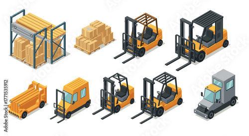 Isometric warehouse equipment and vehicles set forklifts, trucks, and pallets